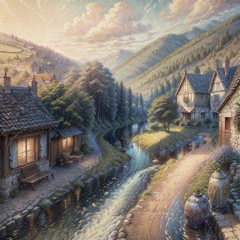 06205-85987681-((masterpiece)), ((best quality)), 8k, high detailed, ultra-detailed, 2.5D, Landscape painting, romantic, (idyllic countryside),.png